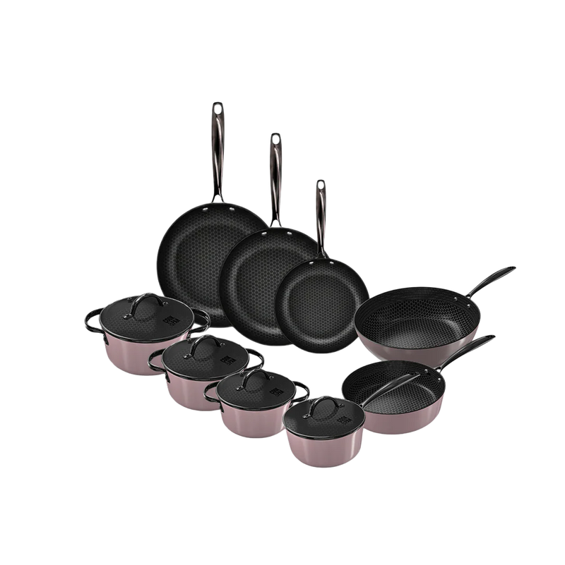 Taupe 9-delt rustfrit stål pandesæt med non-stick belægning og glaslåg, forskellige størrelser.