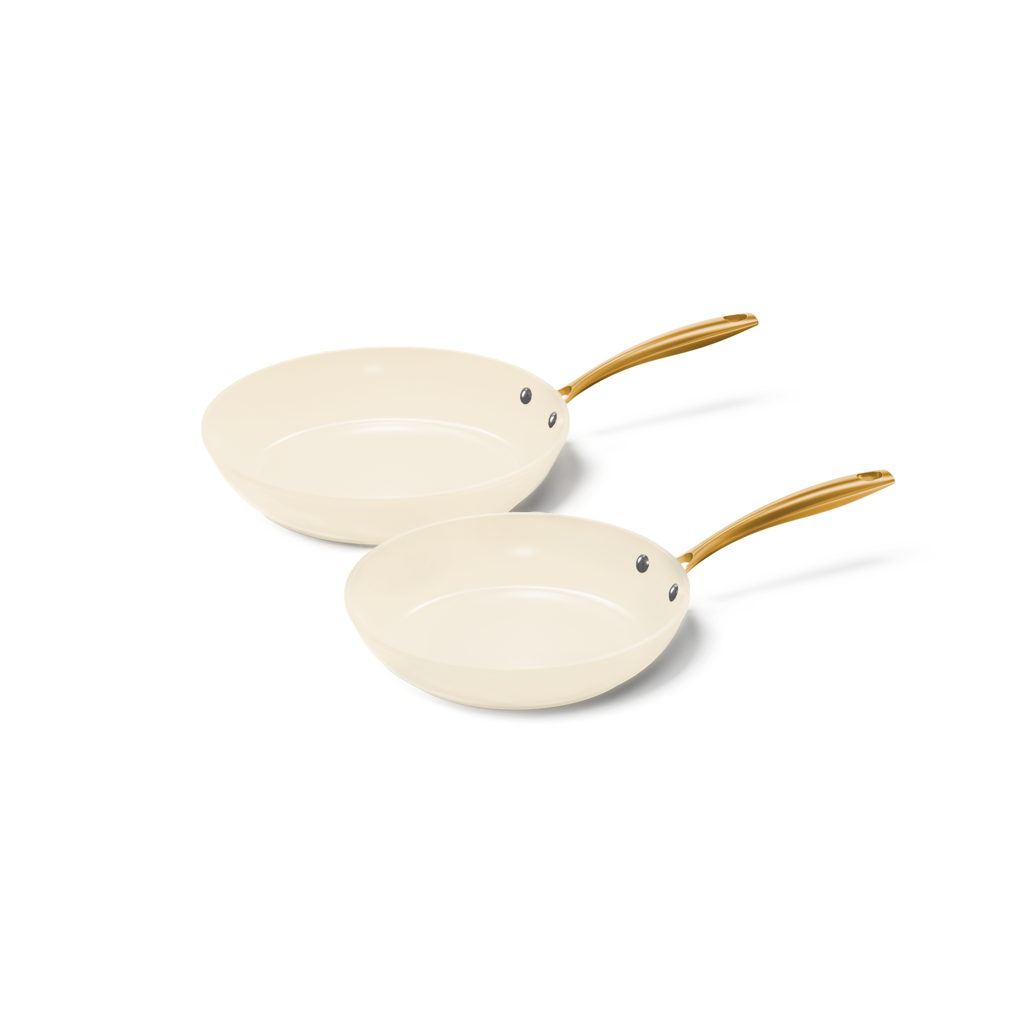 Vanilla koekenpannenset met twee crèmekleurige koekenpannen met keramische antiaanbaklaag en gouden handvatten.