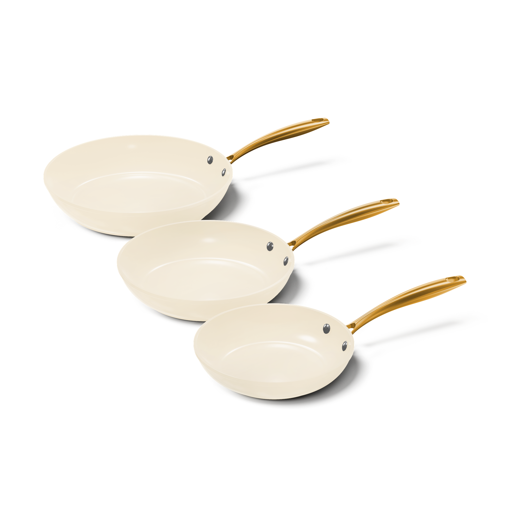 Vanilla koekenpannenset met drie pannen in crème met houten handgrepen