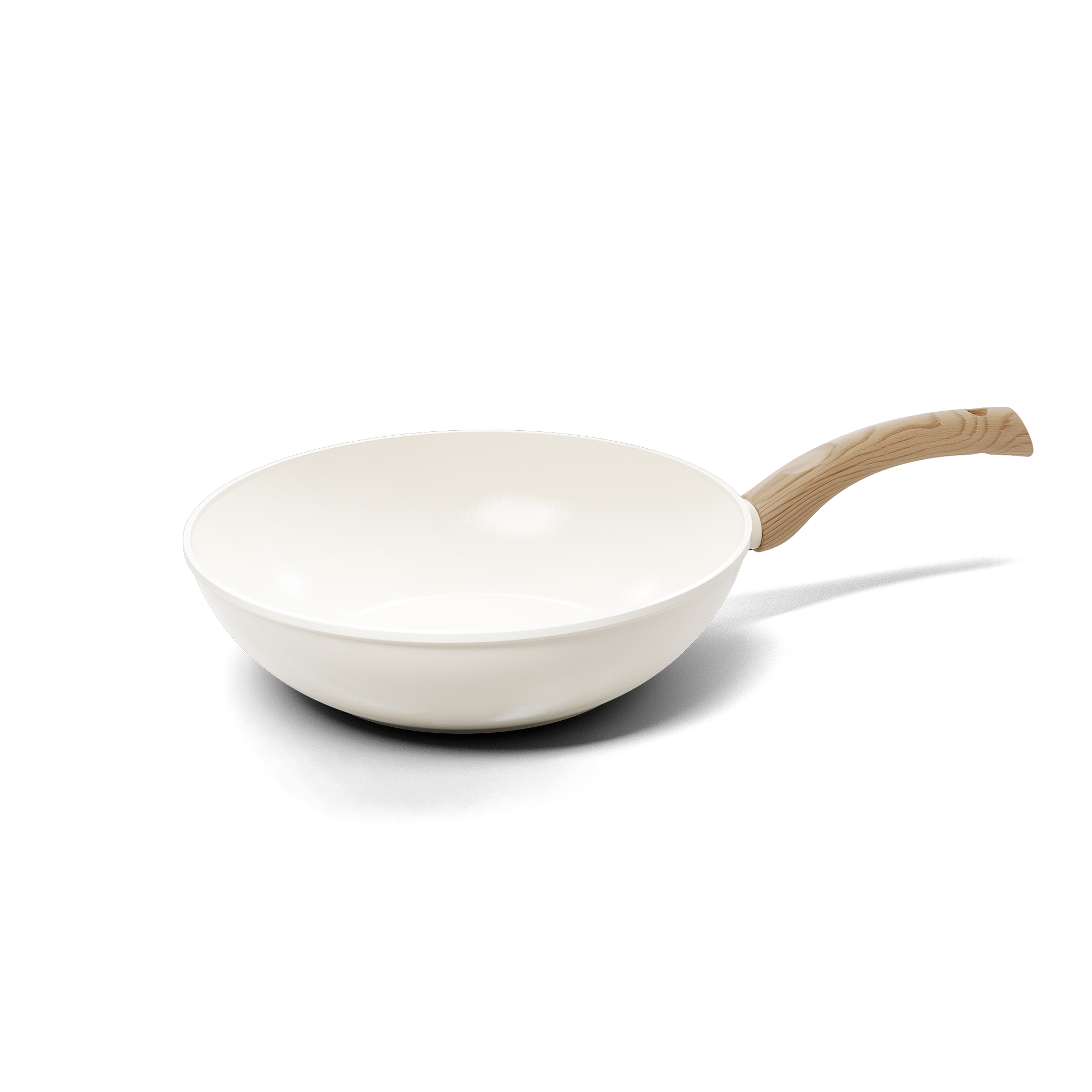 White wok pan with wooden handle, 30 cm diameter, smooth non-stick coating.