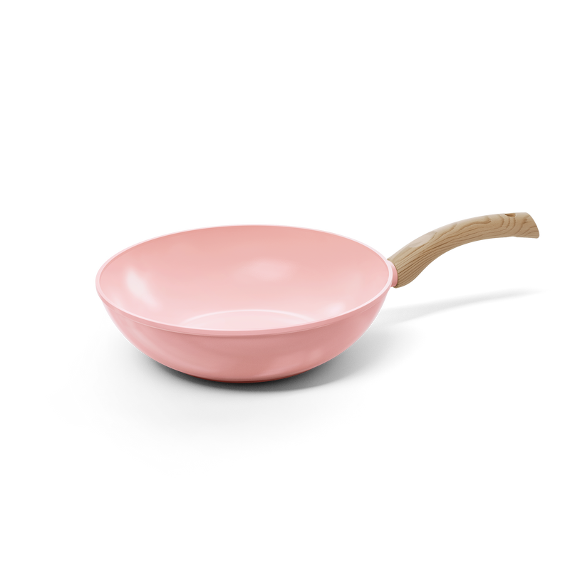 Pink wok pan 30 cm with wooden handle and smooth interior.