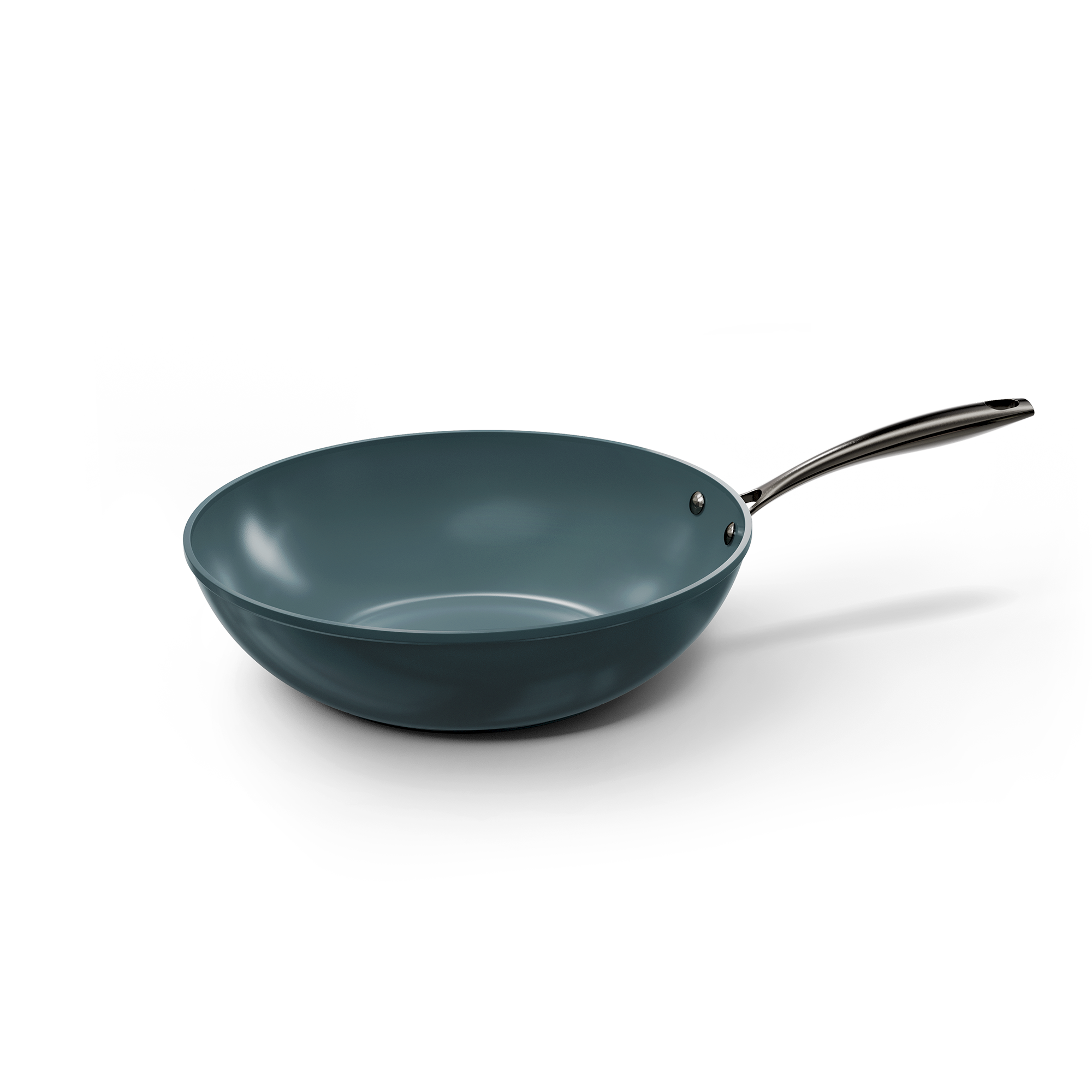 Donkergrijze wokpan van 30 cm met metalen handvat en ruime diepe kom.