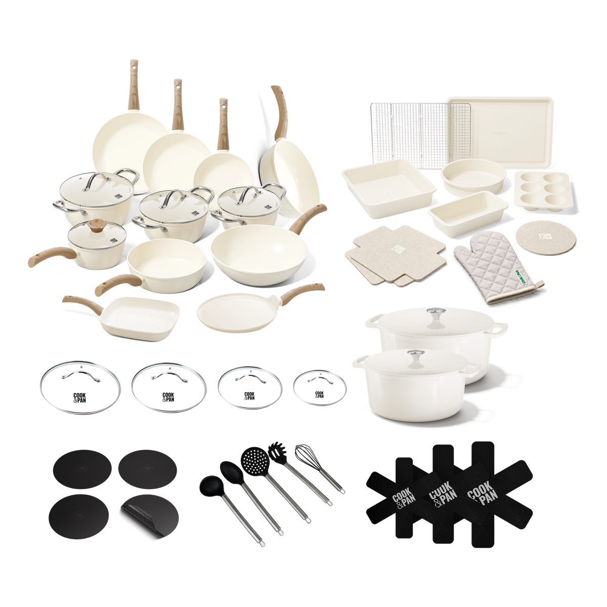 Go Ivory XXL Kitchen Bundle 40-piece: 12-piece cookware set, bakeware set, two cast iron Dutch ovens, four glass lids and accessories