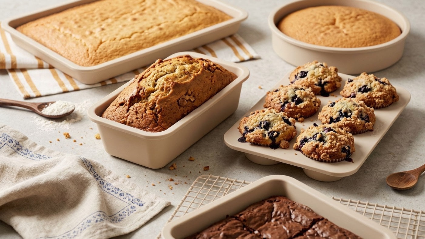 Bakvormen van gealuminiseerd staal met keramische coating naast elkaar met cake en muffins