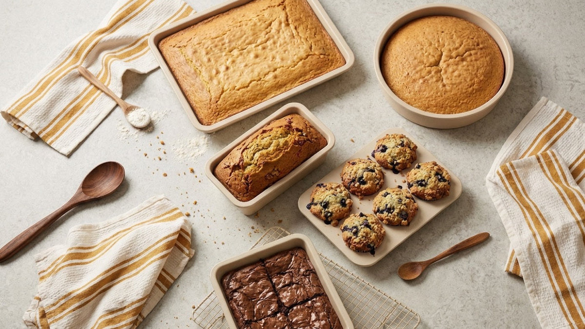 Ronde cakevorm, broodbakvorm en bakplaat van Cook & Pan naast elkaar om de maten te vergelijken