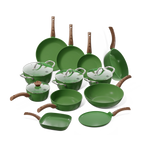 Go Green pannenset 12-delig in groen met houtlook handgrepen: koekenpannen, kookpotten, wokpan, hapjespannen, grillpan en pannenkoekenpan.