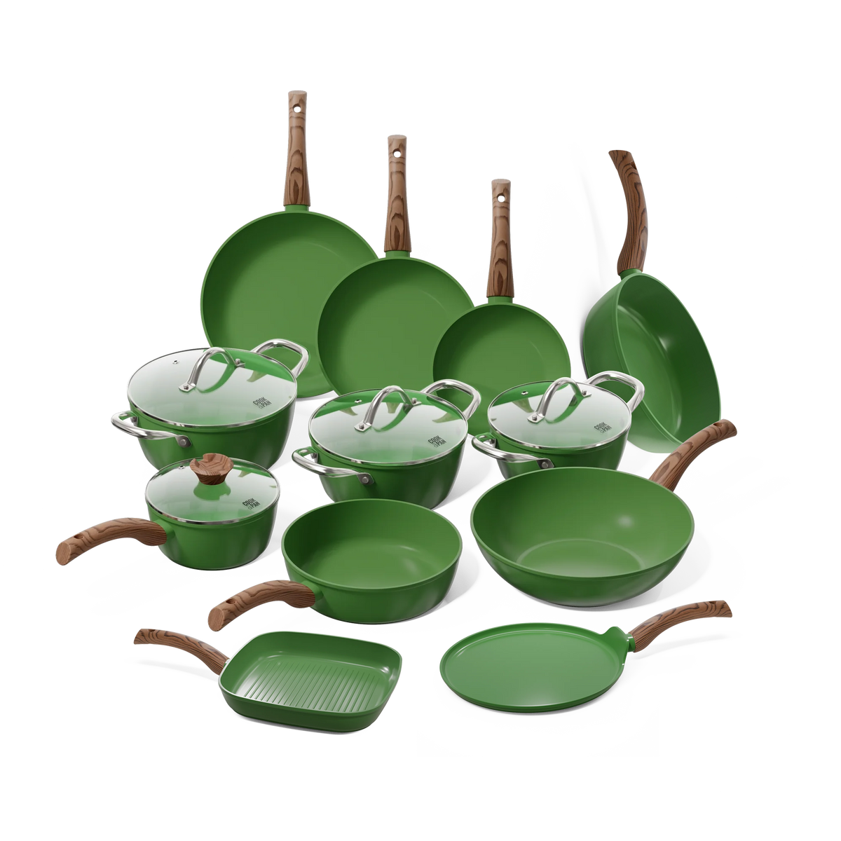 Go Green pannenset 12-delig in groen met houtlook handgrepen: koekenpannen, kookpotten, wokpan, hapjespannen, grillpan en pannenkoekenpan.