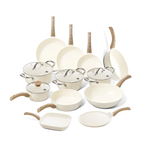 Go Ivory pannenset 12-delig in crème met houtlook handgrepen: koekenpannen, kookpotten, wokpan, hapjespannen, grillpan en pannenkoekenpan.