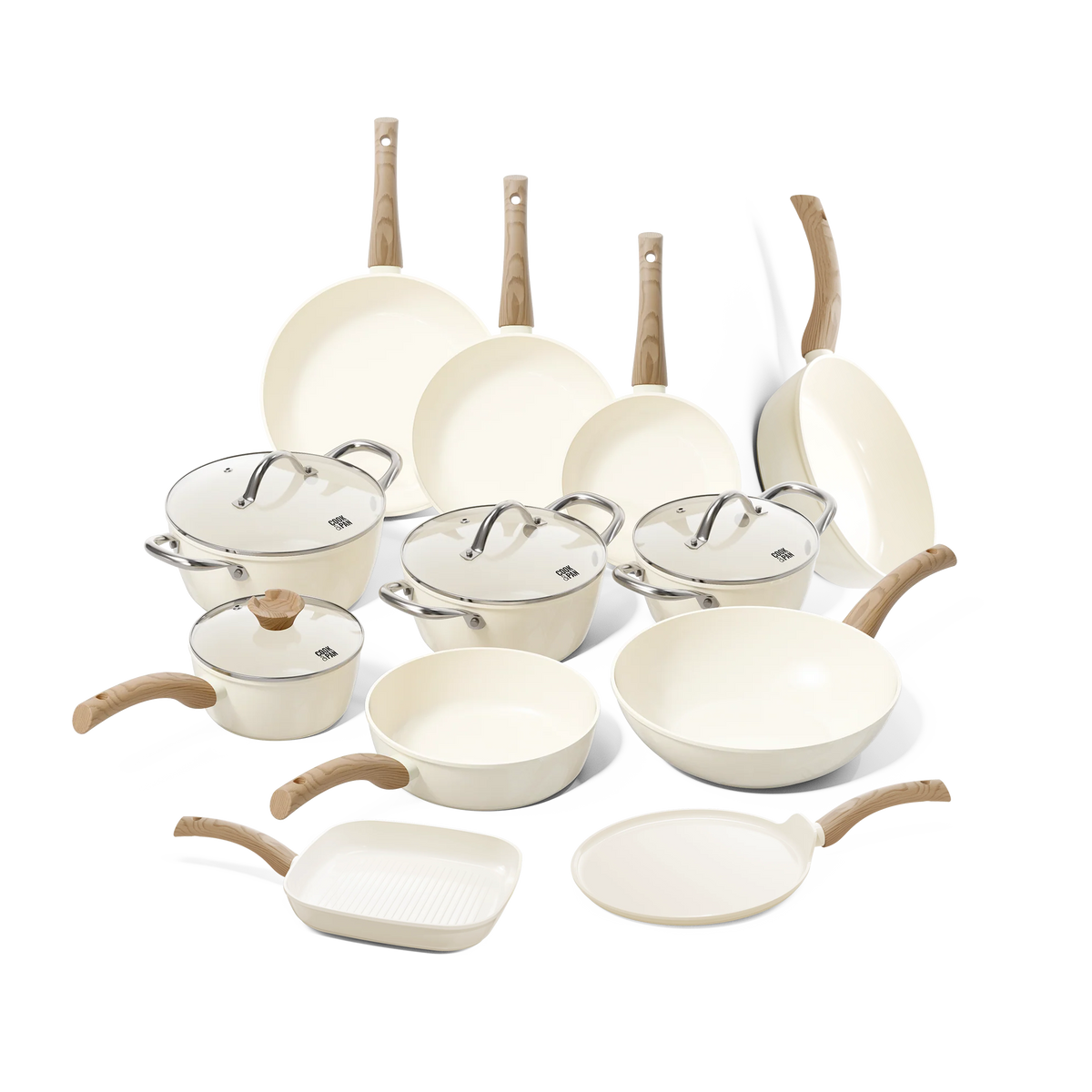 Go Ivory pannenset 12-delig in crème met houtlook handgrepen: koekenpannen, kookpotten, wokpan, hapjespannen, grillpan en pannenkoekenpan.