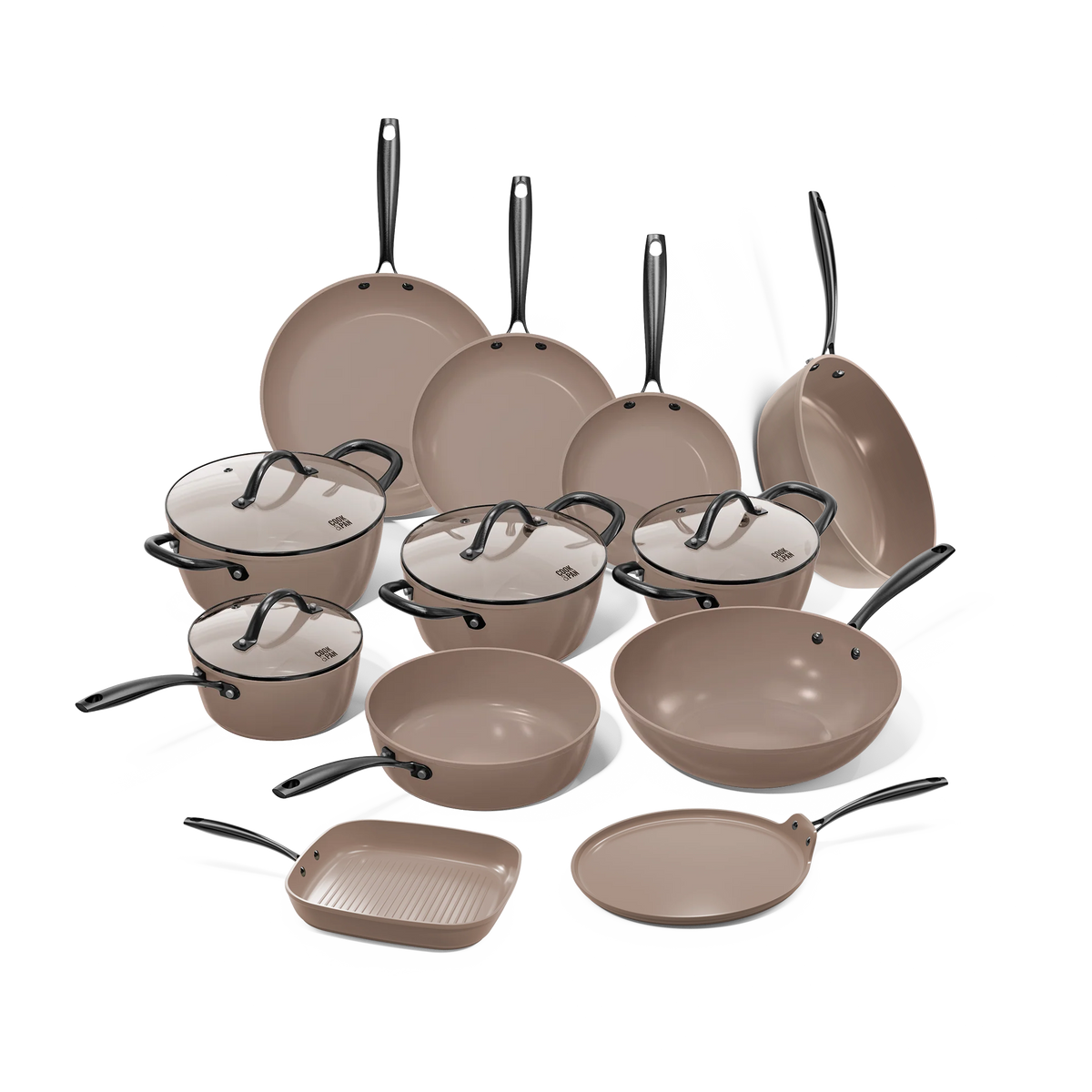 Taupe of Mind pannenset 12-delig: koekenpannen, kookpotten met glazen deksels, wokpan, hapjespannen, grillpan en pannenkoekenpan.