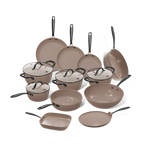 Taupe of Mind pannenset 12-delig: koekenpannen, kookpotten met glazen deksels, wokpan, hapjespannen, grillpan en pannenkoekenpan.