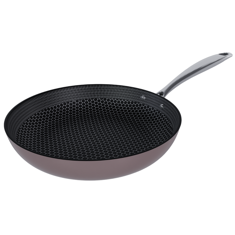 Taupe koekenpan 20 cm met antiaanbak honingraatlaag en RVS handvat.