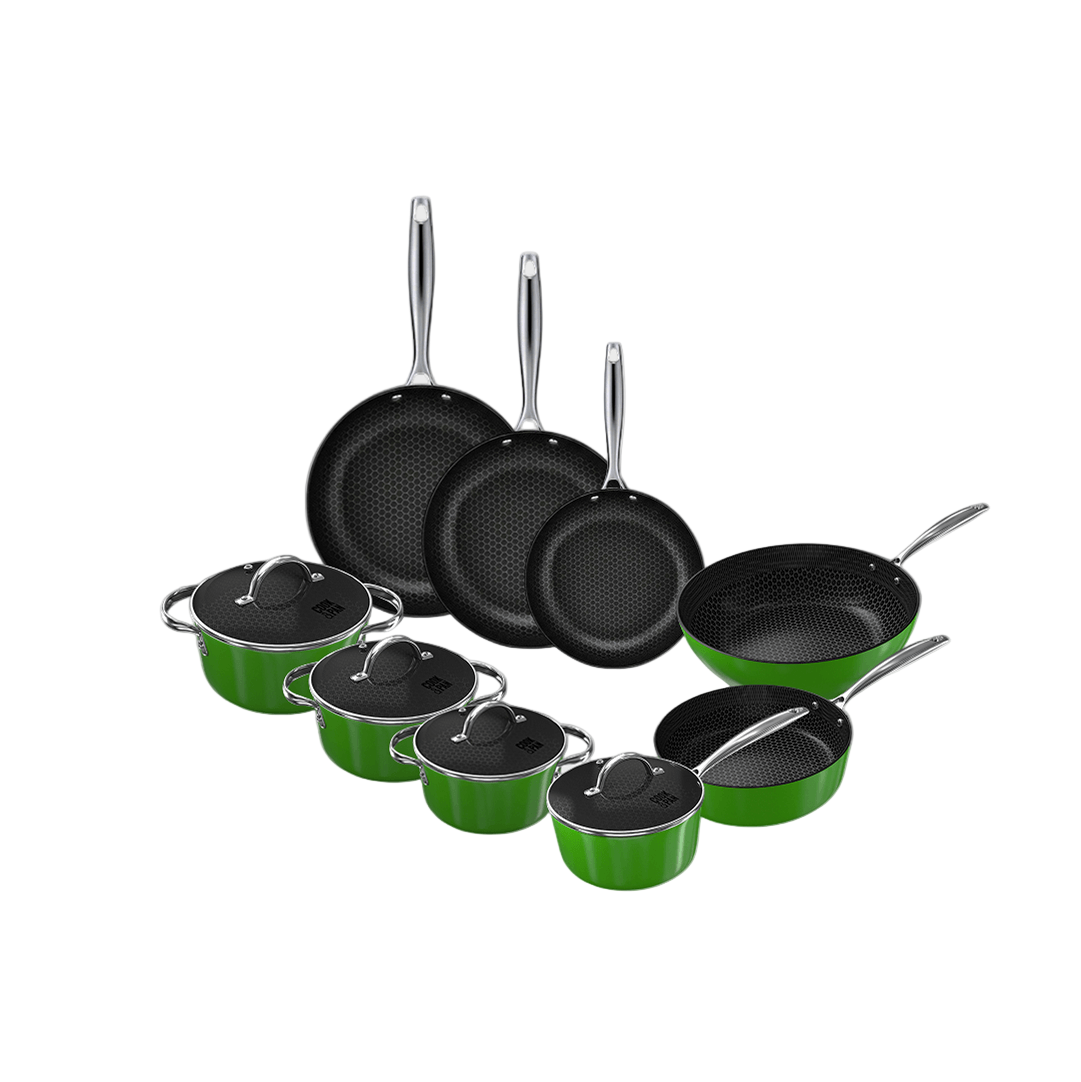 9-piece cookware set with green exterior, black non-stick pans, and stainless steel handles, including glass lids.