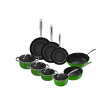 9-delige pannenset met groene buitenkant, zwarte antiaanbakpannen en RVS handgrepen, inclusief glazen deksels.