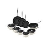 9-delige pannenset met zwarte anti-aanbakpannen en beige RVS steelpannen met deksels.