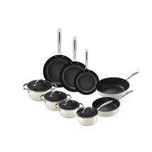9-piece cookware set with black non-stick frying pans and beige stainless steel saucepans with lids.