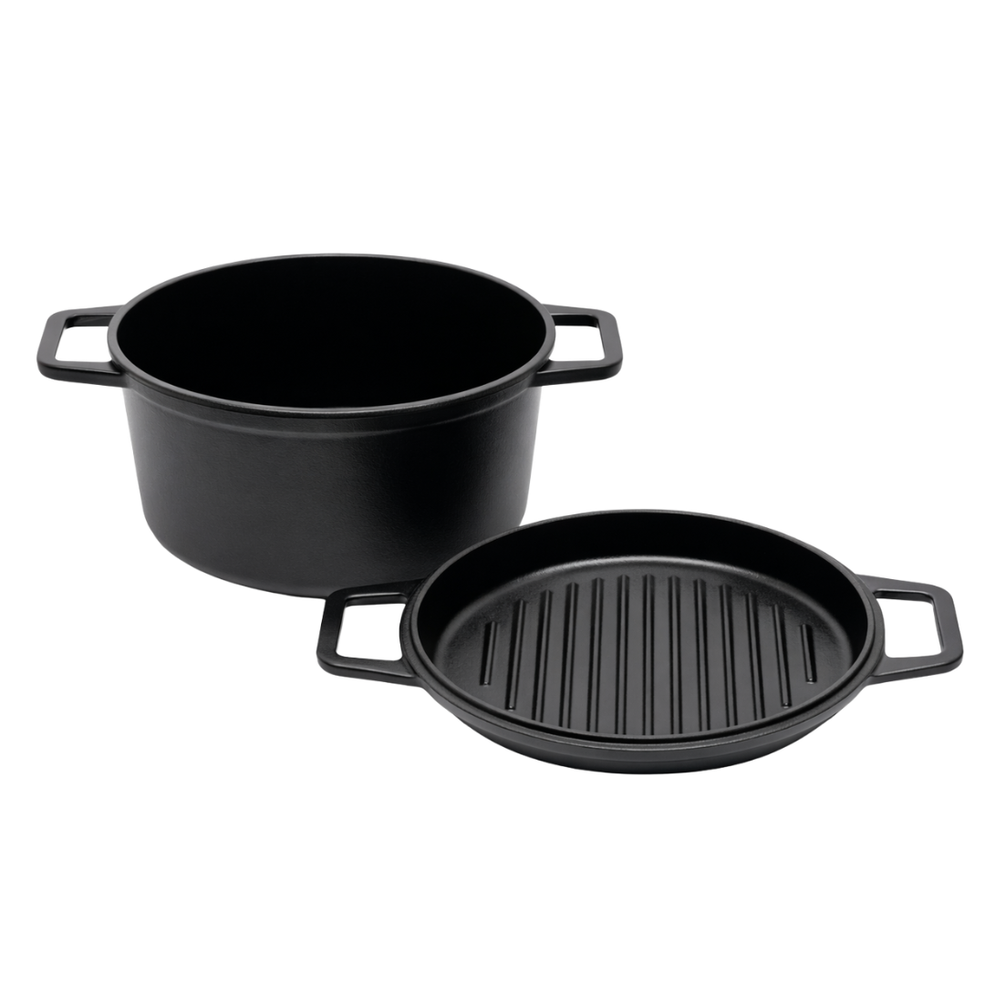 Black dutch oven with lid that also serves as a grill plate, with handles on both sides.