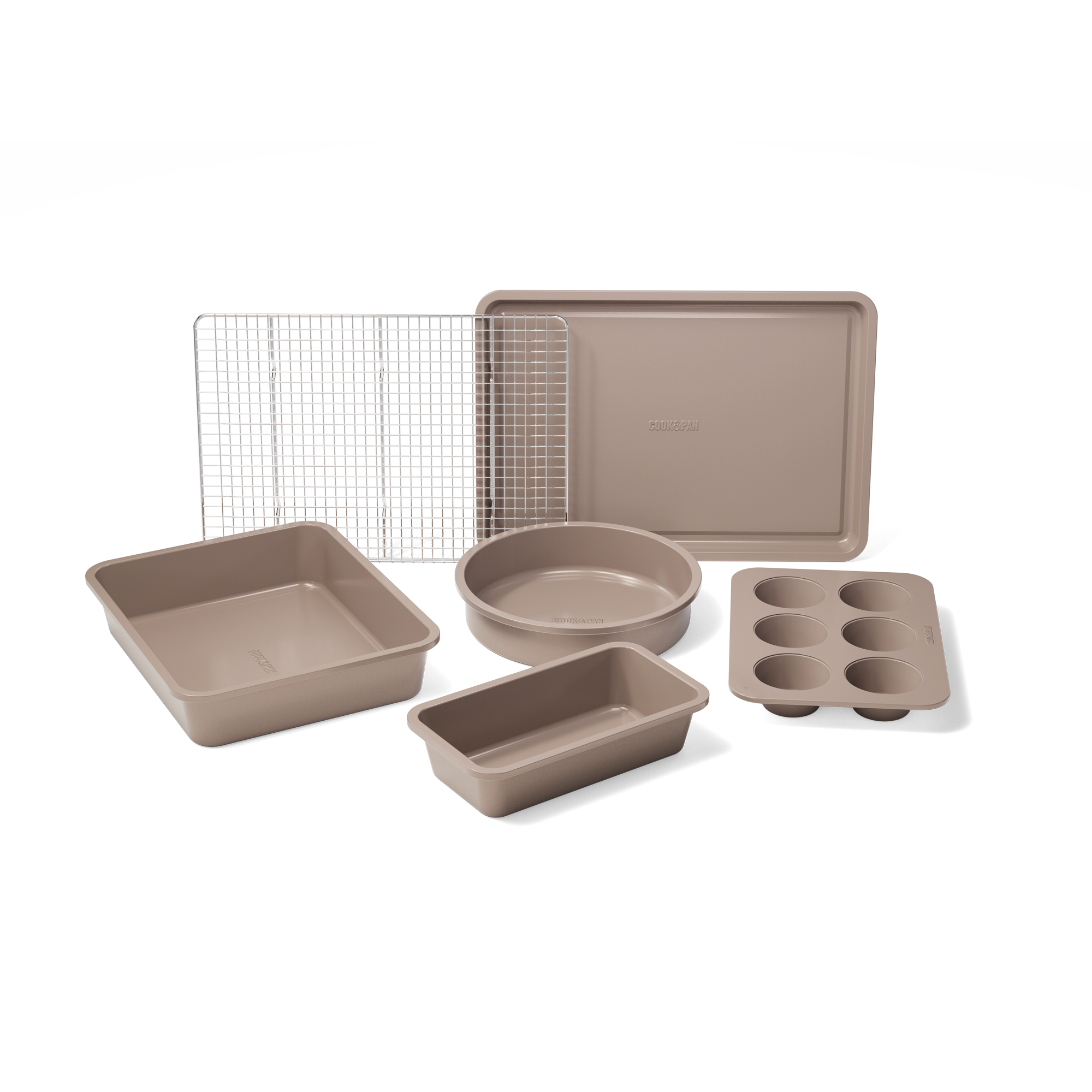 Ten-piece Taupe of Mind baking set with square pan, round cake tin, loaf pan, muffin tin and baking rack