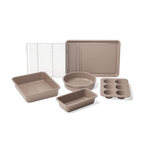 Zehnteiliges Taupe of Mind Backset mit quadratischer Form, rundem Backblech, rechteckigem Backblech, Muffinform und Backrost