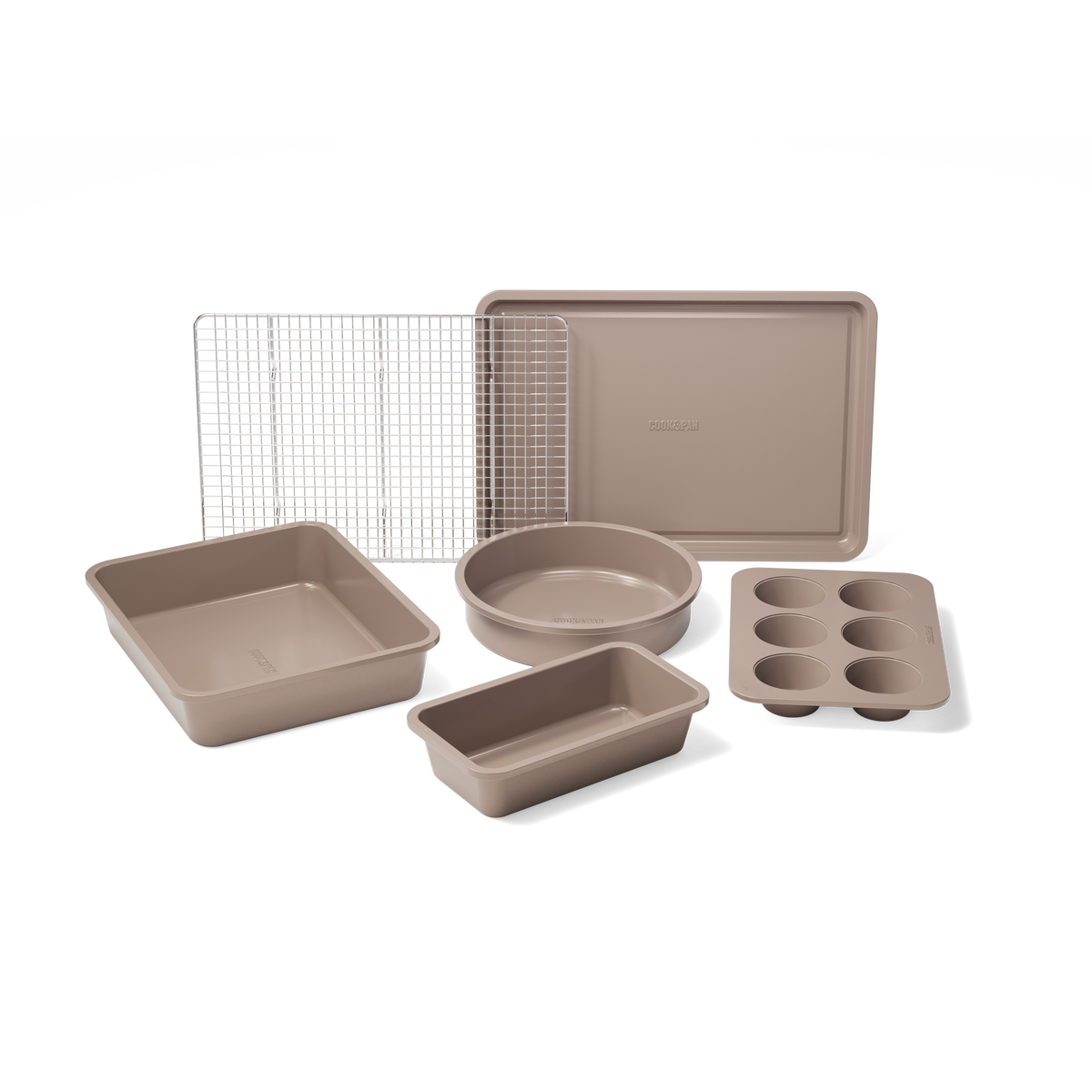 Zehnteiliges Taupe of Mind Backset mit quadratischer Form, rundem Backblech, rechteckigem Backblech, Muffinform und Backrost
