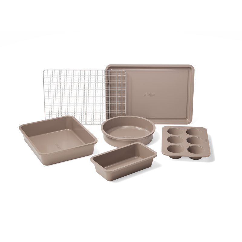 Zehnteiliges Taupe of Mind Backset mit quadratischer Form, rundem Backblech, rechteckigem Backblech, Muffinform und Backrost