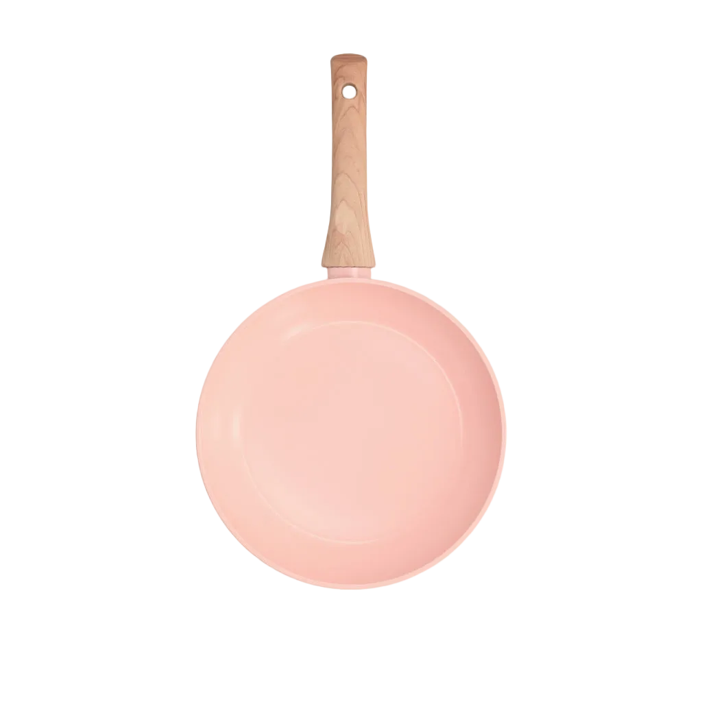 Poêle rose avec manche en bois, diamètre 20 cm, design épuré.