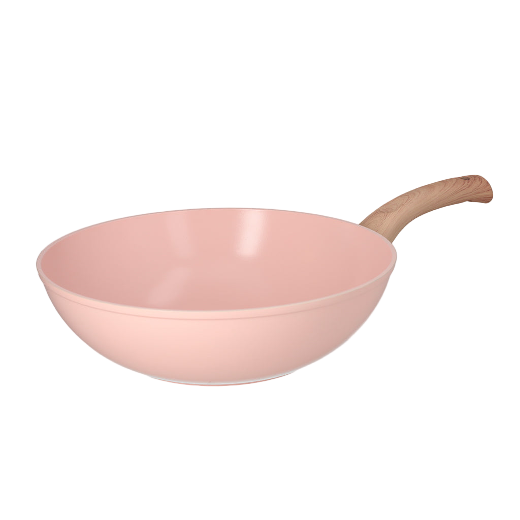 Lyserød wokpande på 30 cm med træhåndtag og non-stick belægning.