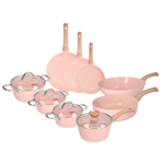 Lyserødt 9-delt pandesæt med glaslåg og træhåndtag, inklusive stegepander og kasseroller.