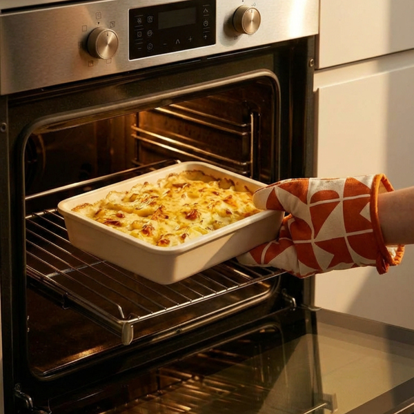 Ofenform aus elfenbeinfarbenem Keramik mit Lasagne in heißem Ofen, Hand mit orange-weißem Ofenhandschuh sichtbar.
