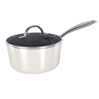 RVS steelpan 18 cm met ivoorkleurige buitenkant en glazen deksel met handvat.