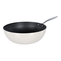 RVS wokpan 30 cm met honingraat antiaanbaklaag en geborsteld metalen handvat.
