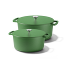 Go Green gietijzeren braadpannenset met twee groene pannen en bijpassende deksels