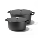 Signature cast iron Dutch oven set with two black cooking pots and lids featuring stainless steel knobs