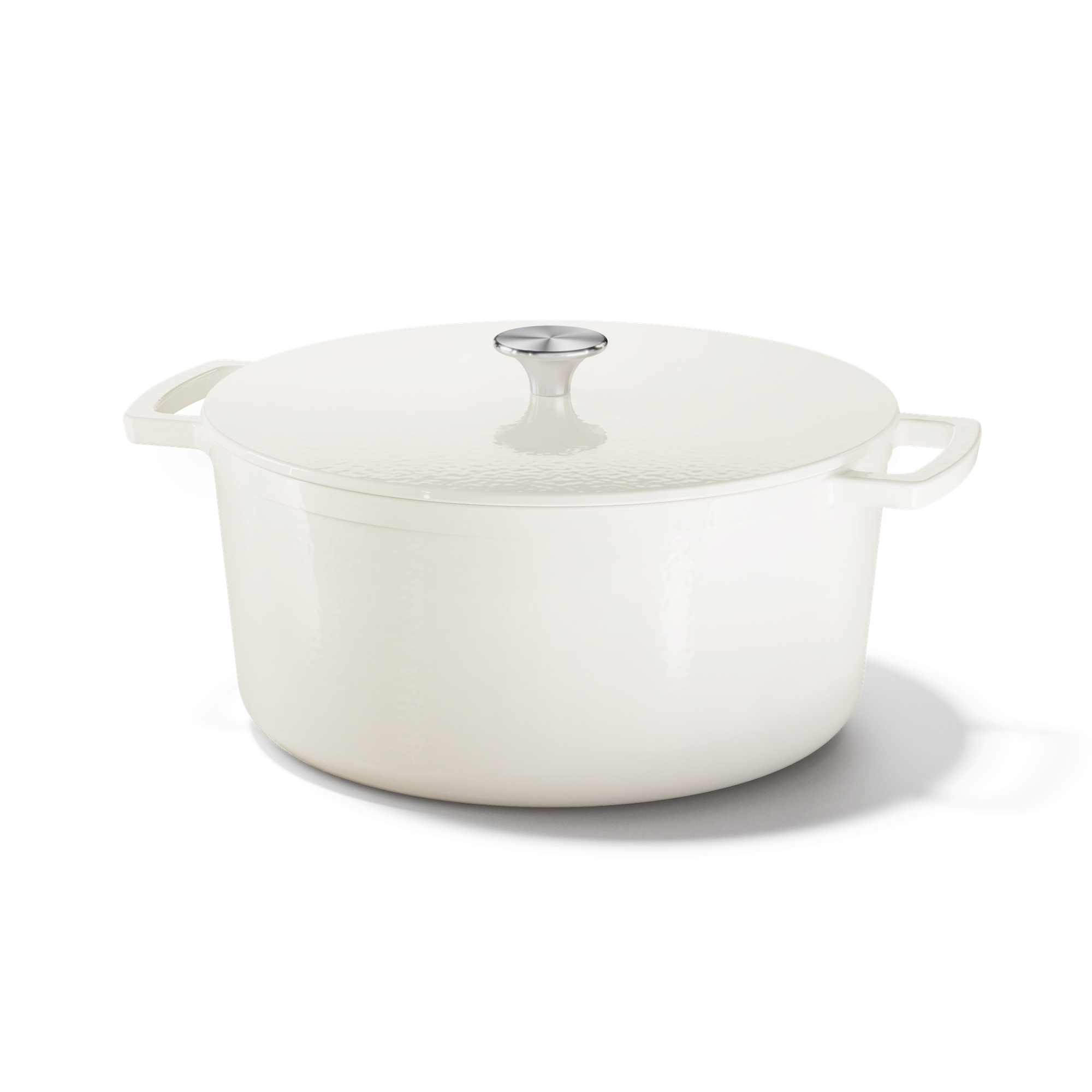 Crème gekleurde Go Ivory gietijzeren braadpan van 28 cm met deksel en twee handvaten.