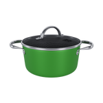 Groene RVS kookpan 22 cm met glazen deksel en roestvrijstalen handgrepen.