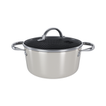 RVS pan met twee handgrepen en zwarte glazen deksel met metalen knop, 22 cm diameter.