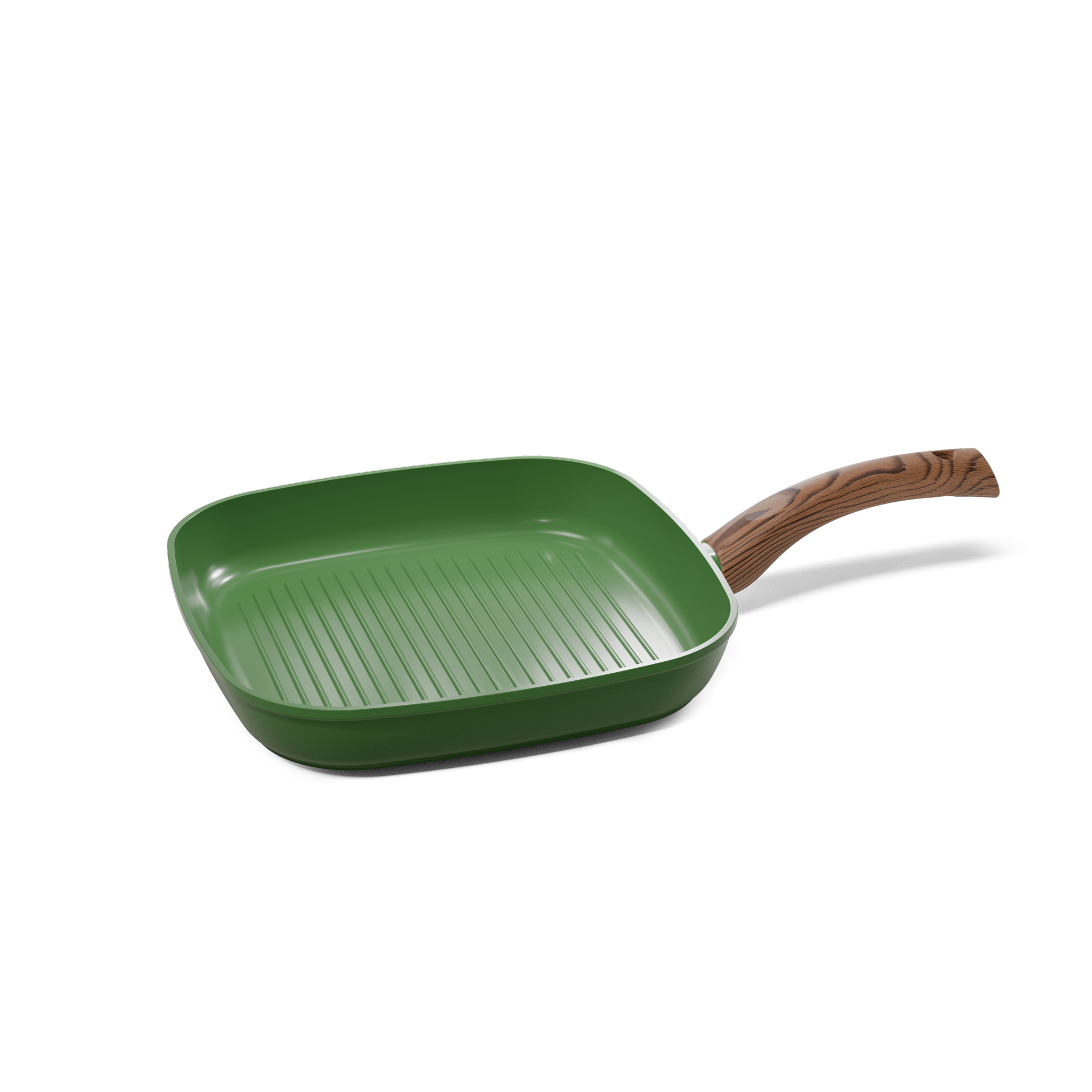 Green square grill pan 28 cm with ridged bottom and wood-colored handle.