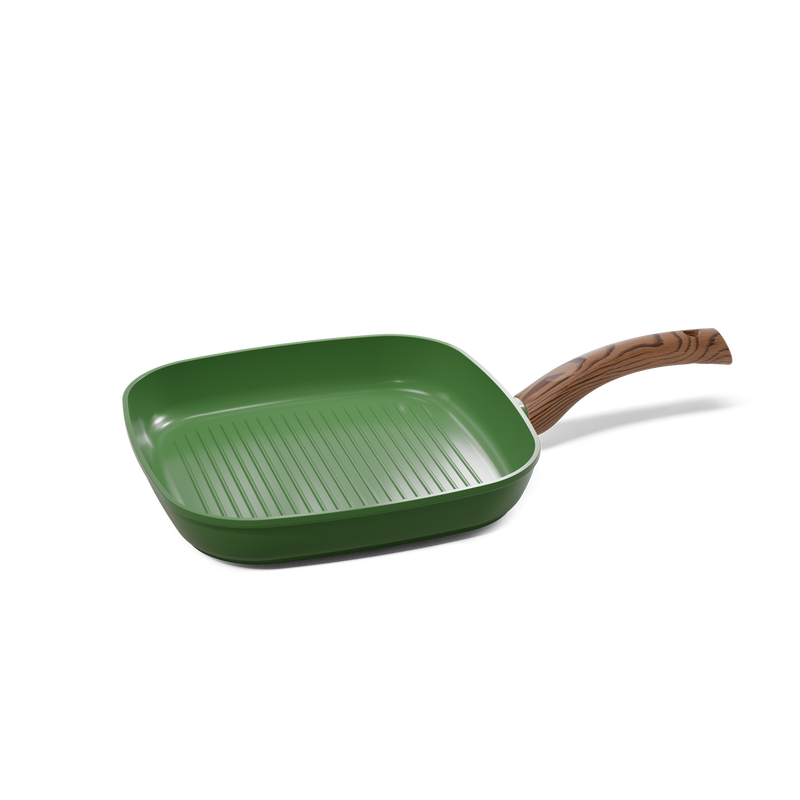 Poêle grill carrée verte de 28 cm avec fond rainuré et poignée couleur bois.