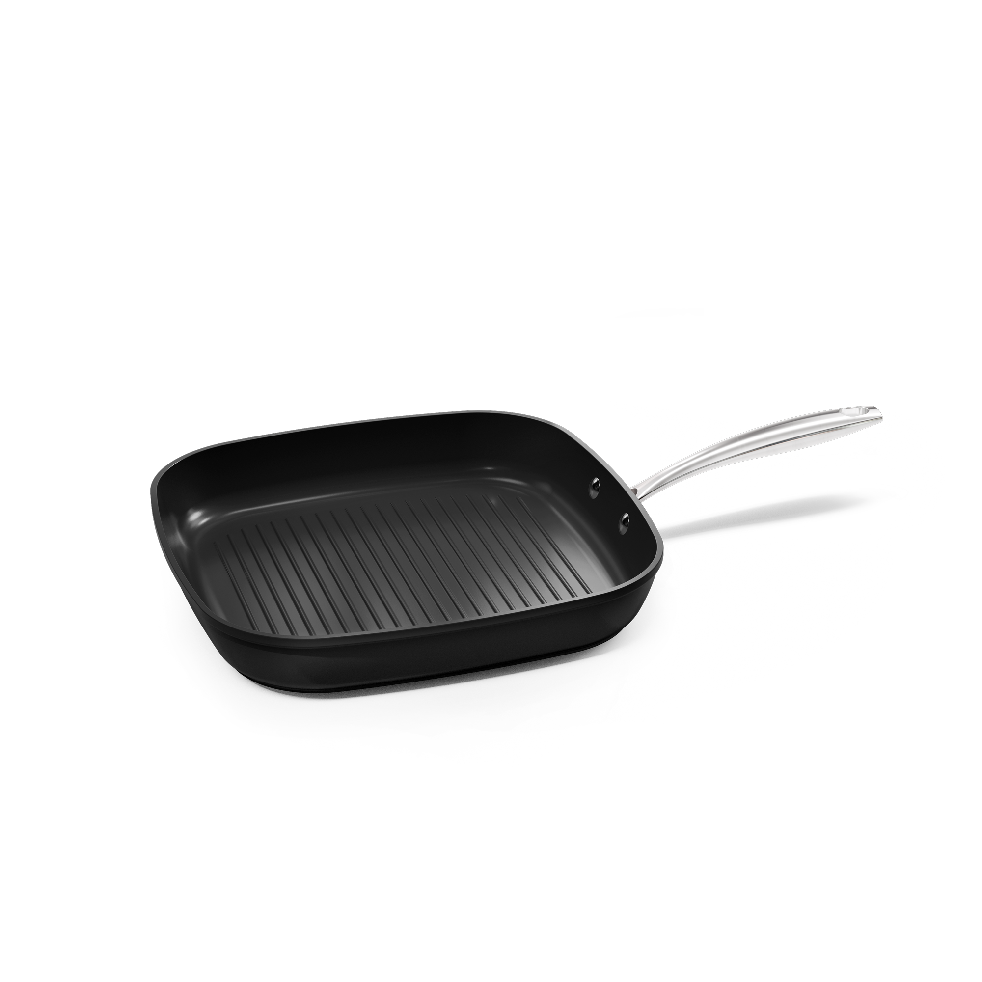 Black square grill pan 28 cm with ridges and light metal handle.