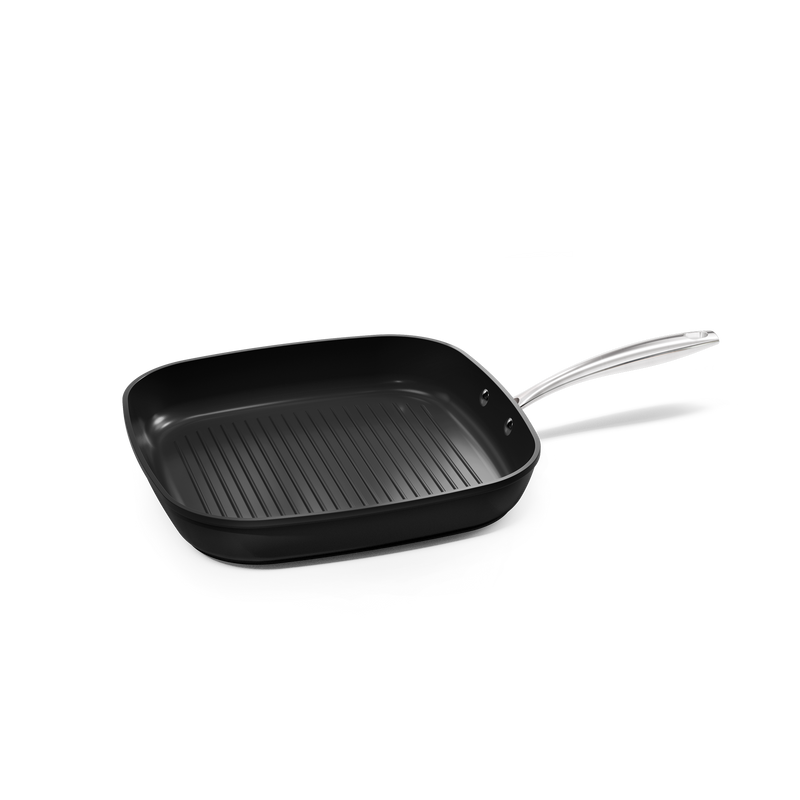Schwarze quadratische Grillpfanne 28 cm mit Rillen und hellem Metallgriff.