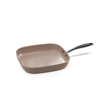 Poêle grill taupe de 28 cm avec fond rainuré et poignée noire.