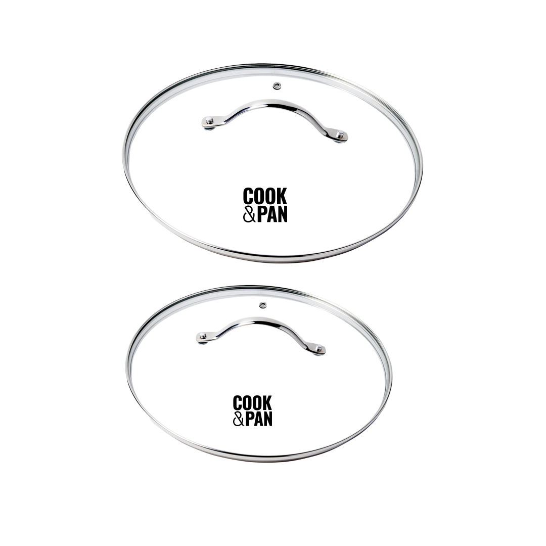 Set of two transparent glass lids with stainless steel handles and rims.