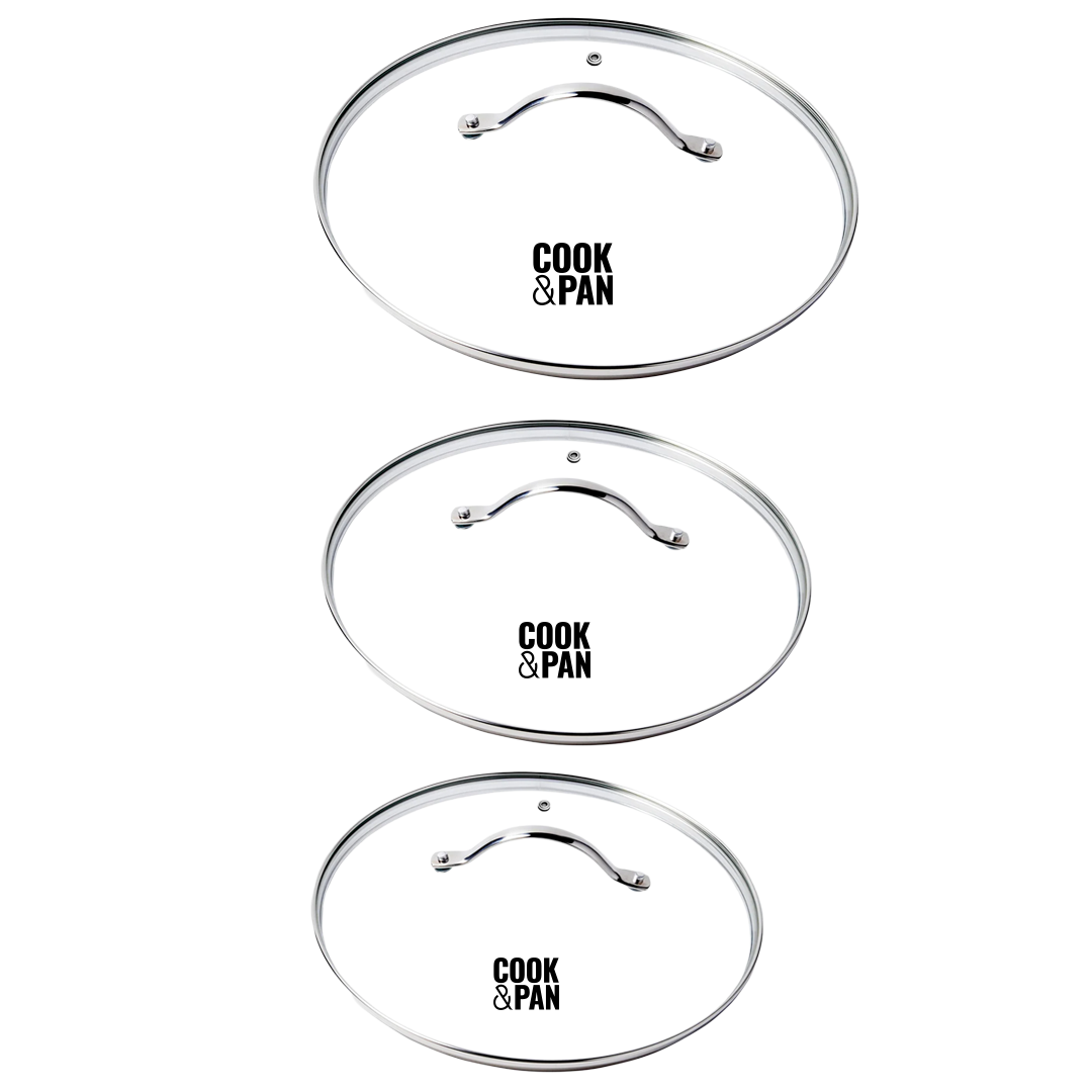 Set of three glass lids with stainless steel rim and handles, various diameters.