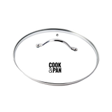 Runder Glasdeckel mit Edelstahlgriff und Rand, Durchmesser 24 cm, universelles Modell.