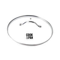 Ronde glazen deksel met RVS handgreep en rand, diameter 24 cm, universeel model.