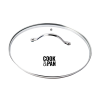 Rond glazen deksel 28 cm met roestvrijstalen rand en metalen handgreep.