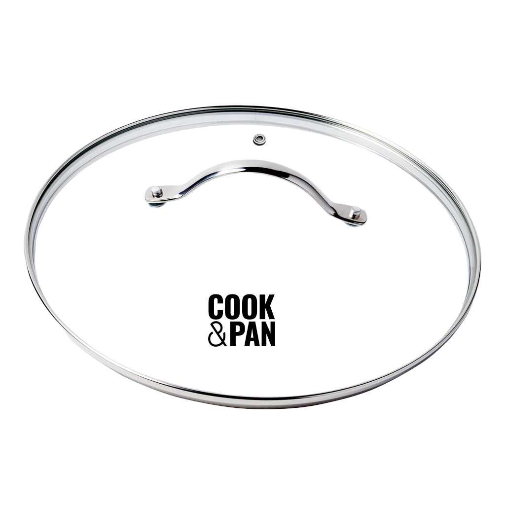 Glass lid 30 cm with stainless steel rim and handle.