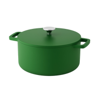 Groene gietijzeren braadpan met deksel en metalen knop, 28 cm diameter, 6,5 liter inhoud.