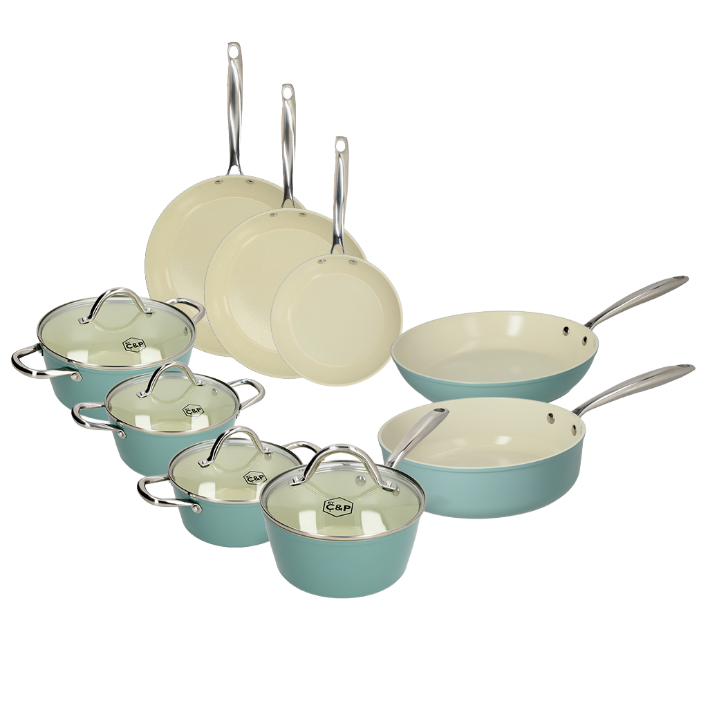 Batterie de cuisine bleue 9 pièces avec couvercles en verre et intérieur crème blanche, plusieurs tailles.