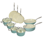 9-delt blåt pandesæt med glaslåg og cremehvid inderside, forskellige størrelser.